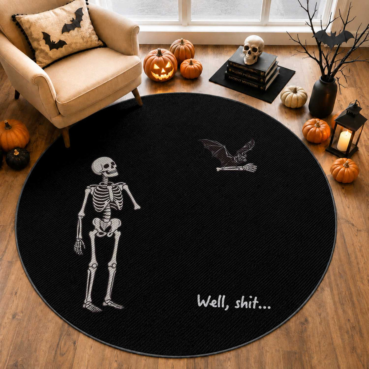 Funny Well Shit Skeleton Round Rug Bat Carrying Bones Halloween Gift