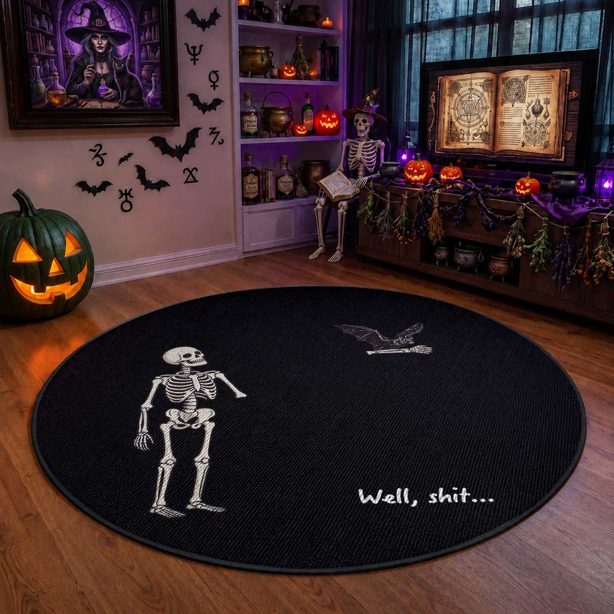 Funny Well Shit Skeleton Round Rug Bat Carrying Bones Halloween Gift