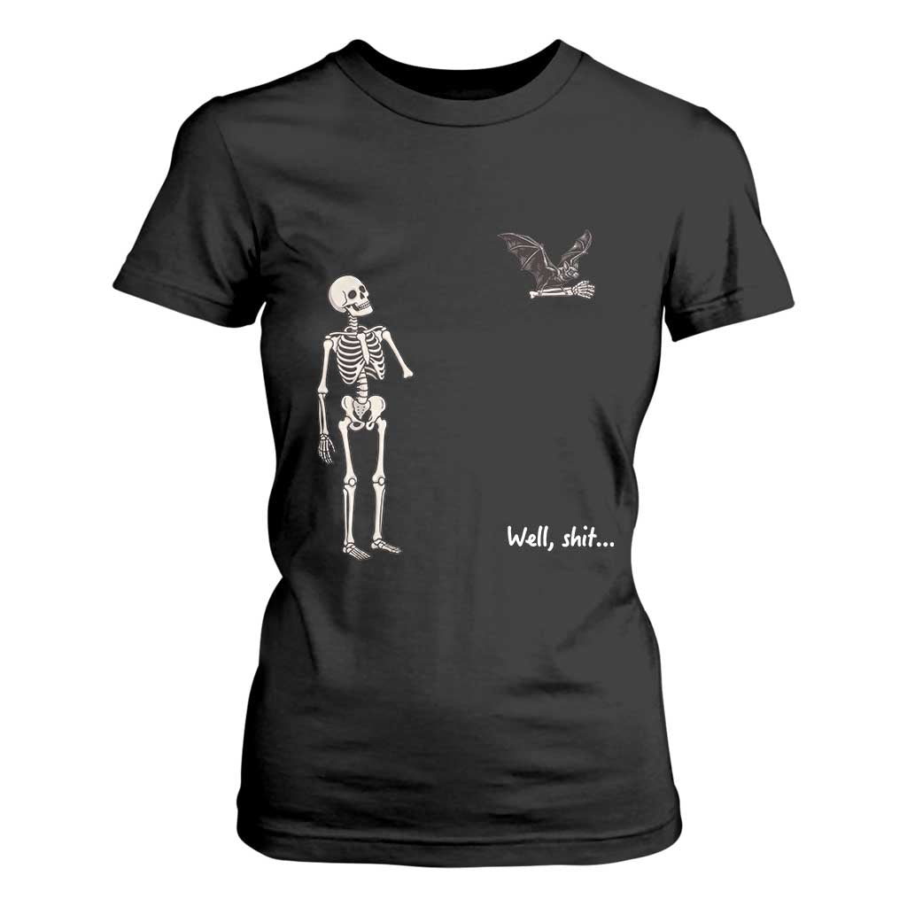 Funny Well Shit Skeleton T Shirt For Women Bat Carrying Bones Halloween Gift