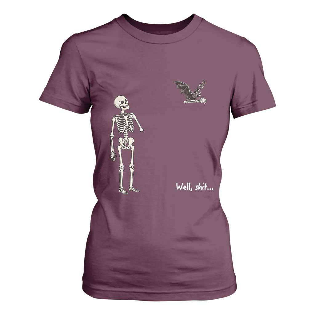 Funny Well Shit Skeleton T Shirt For Women Bat Carrying Bones Halloween Gift