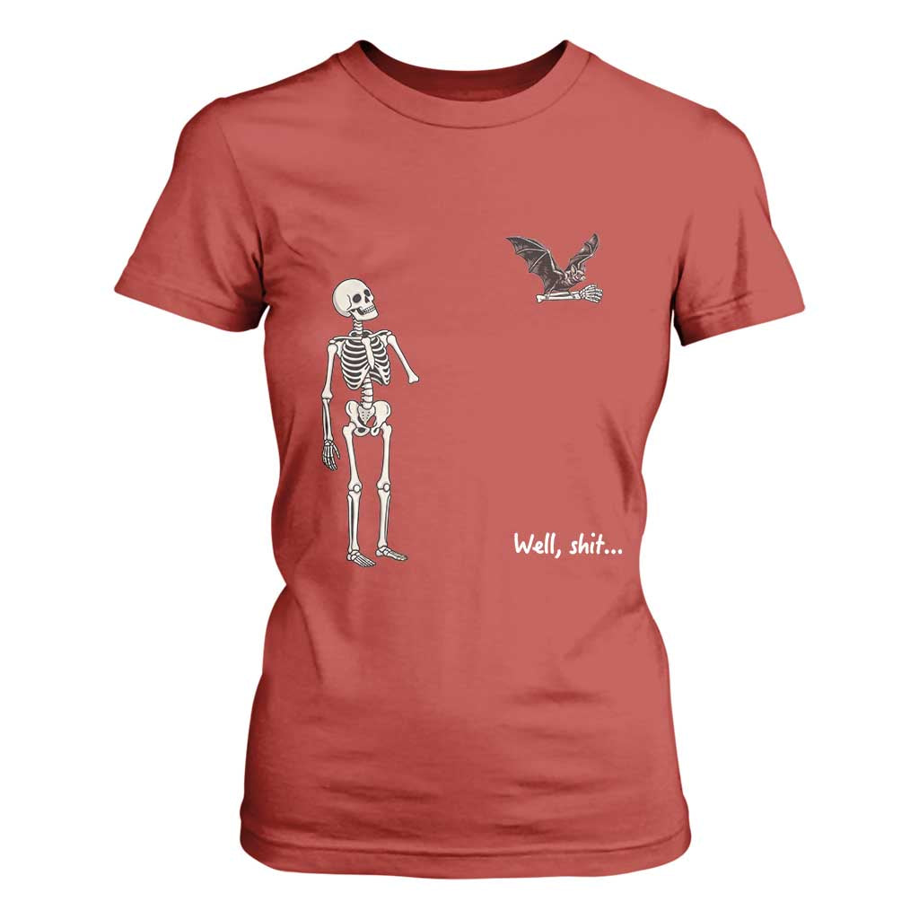 Funny Well Shit Skeleton T Shirt For Women Bat Carrying Bones Halloween Gift