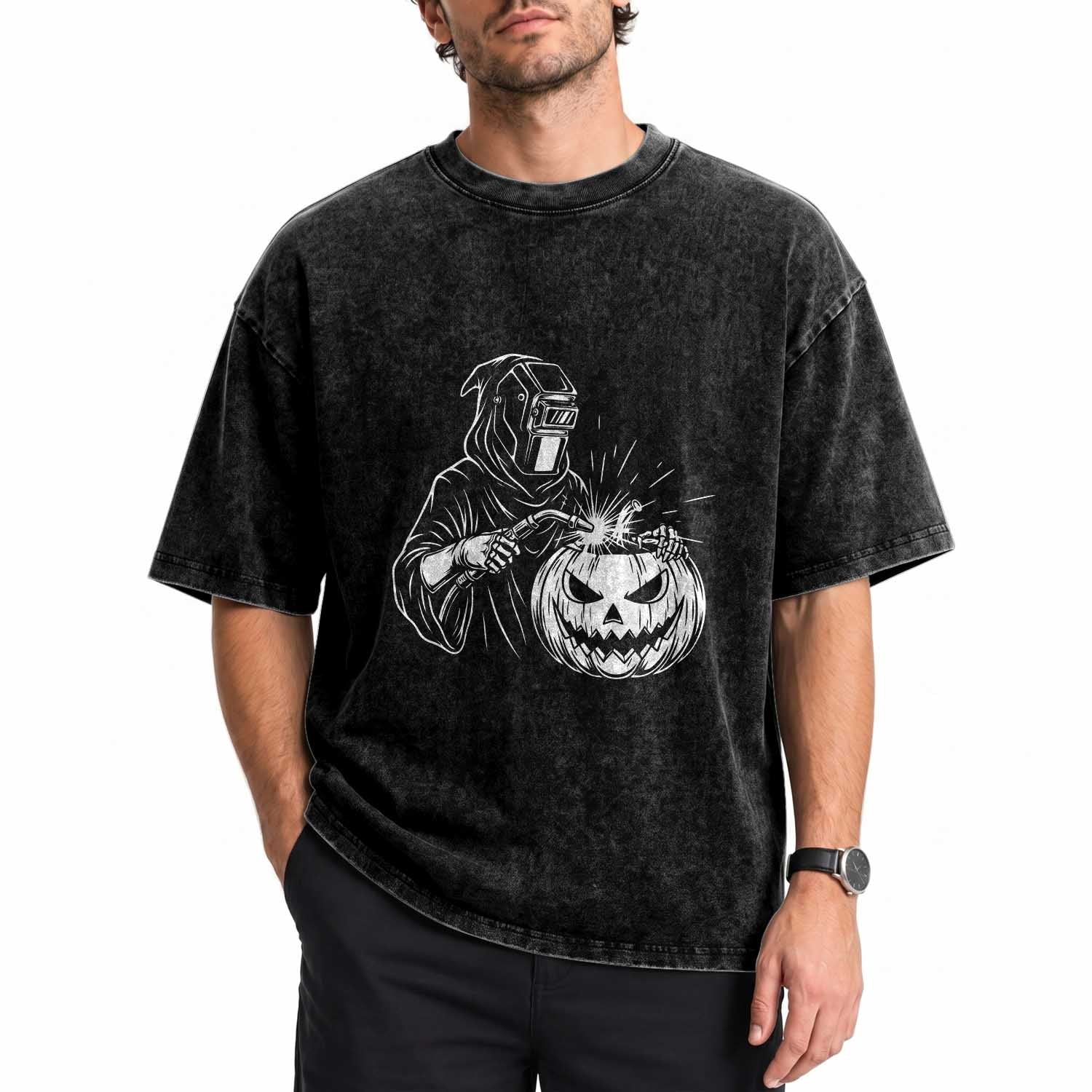 Funny Welder Halloween Grim Reaper Washed Cotton T-Shirt Spooky Tradesman Welding