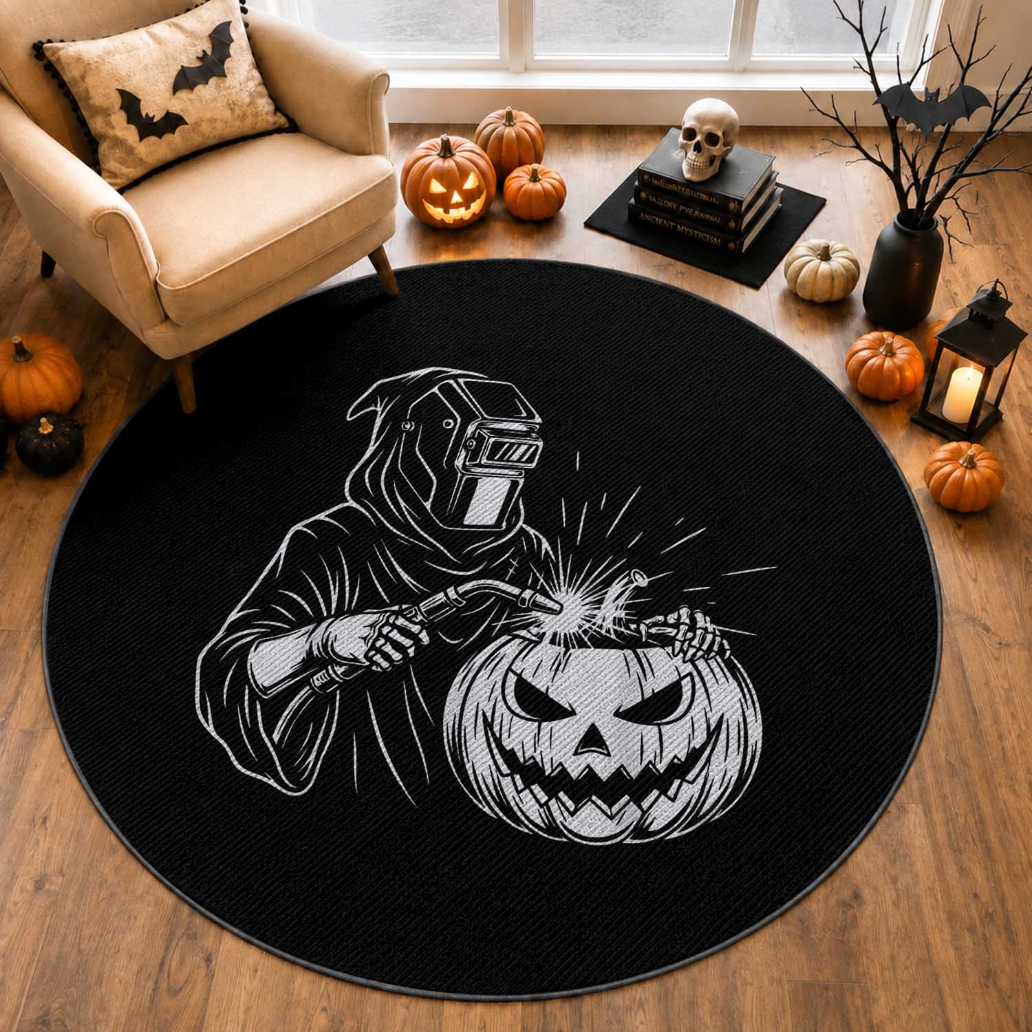 Funny Welder Halloween Grim Reaper Round Rug Spooky Tradesman Welding