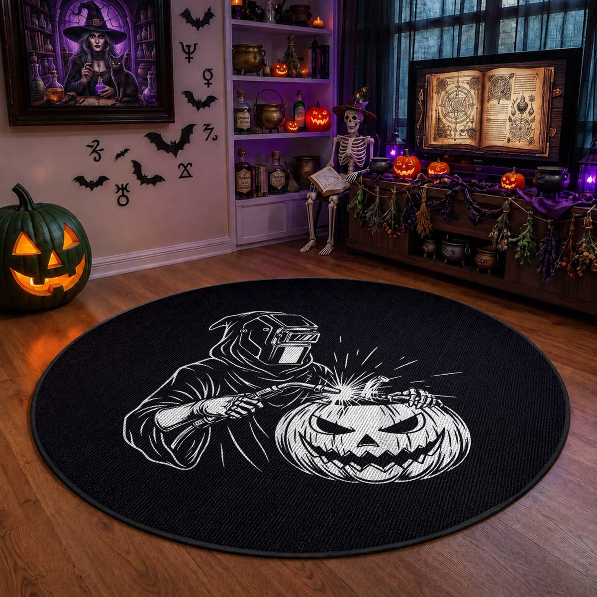 Funny Welder Halloween Grim Reaper Round Rug Spooky Tradesman Welding