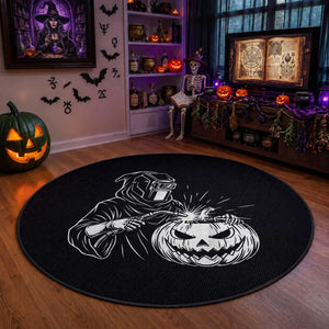 Funny Welder Halloween Grim Reaper Round Rug Spooky Tradesman Welding