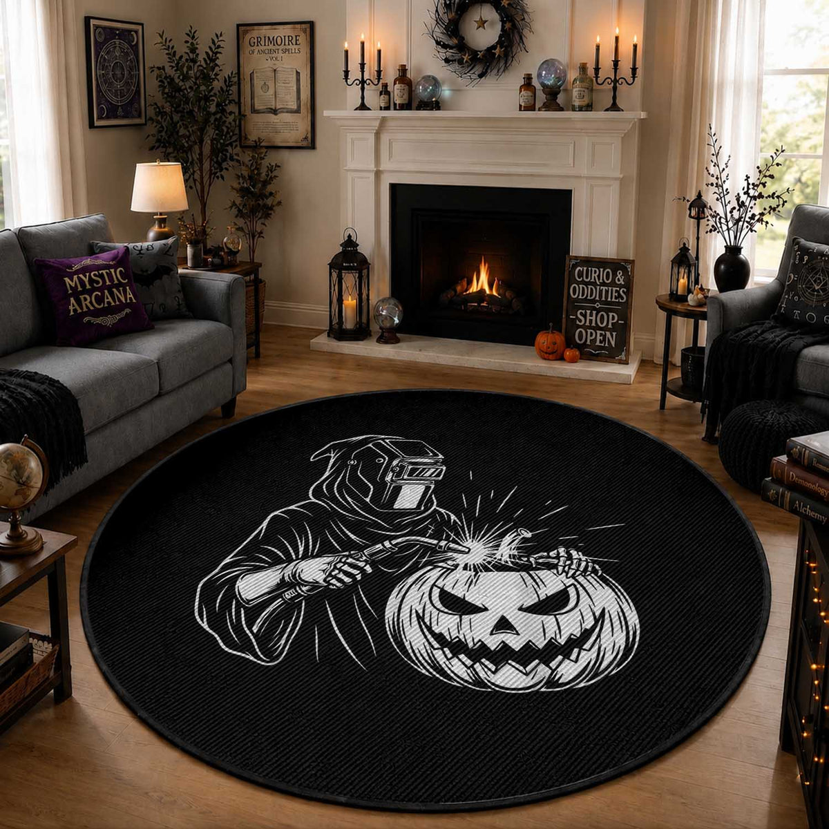 Funny Welder Halloween Grim Reaper Round Rug Spooky Tradesman Welding