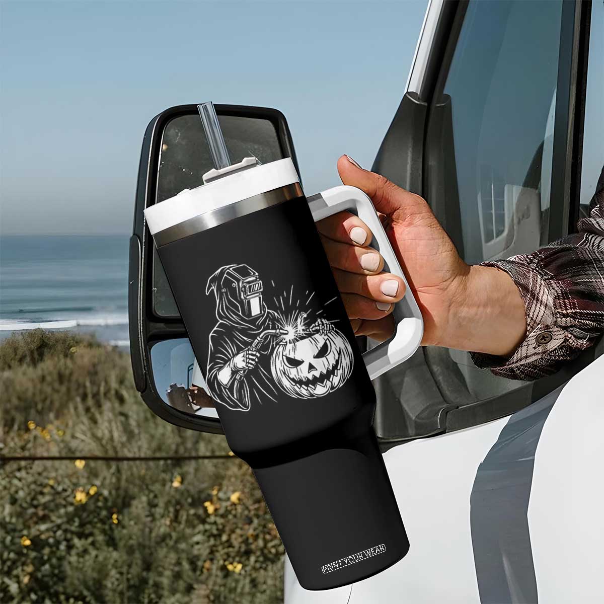 Funny Welder Halloween Grim Reaper Tumbler With Handle Spooky Tradesman Welding