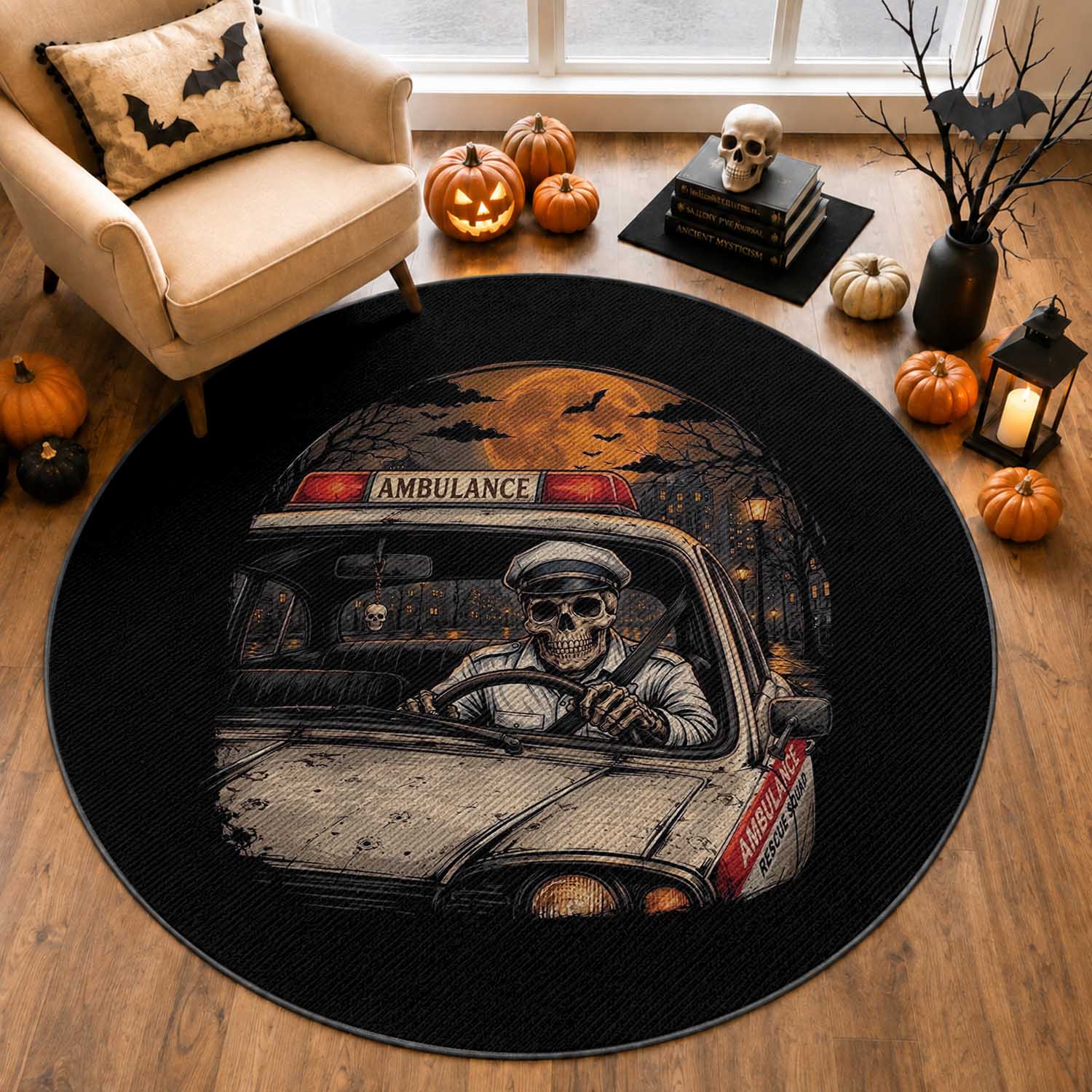 Funny Halloween Skeleton Paramedic Ambulance Driver Round Rug Spooky Rescue Squad Emergency Medical