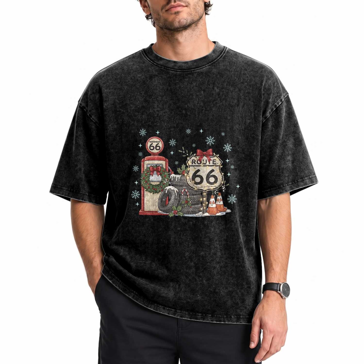 Route Highway 66 Christmas Gas Pump Washed Cotton T-Shirt Mother Road Holiday Road Trip Travel