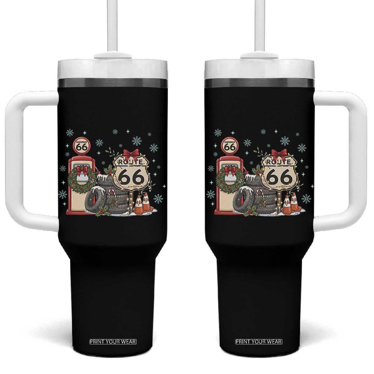 Route Highway 66 Christmas Gas Pump Tumbler With Handle Mother Road Holiday Road Trip Travel