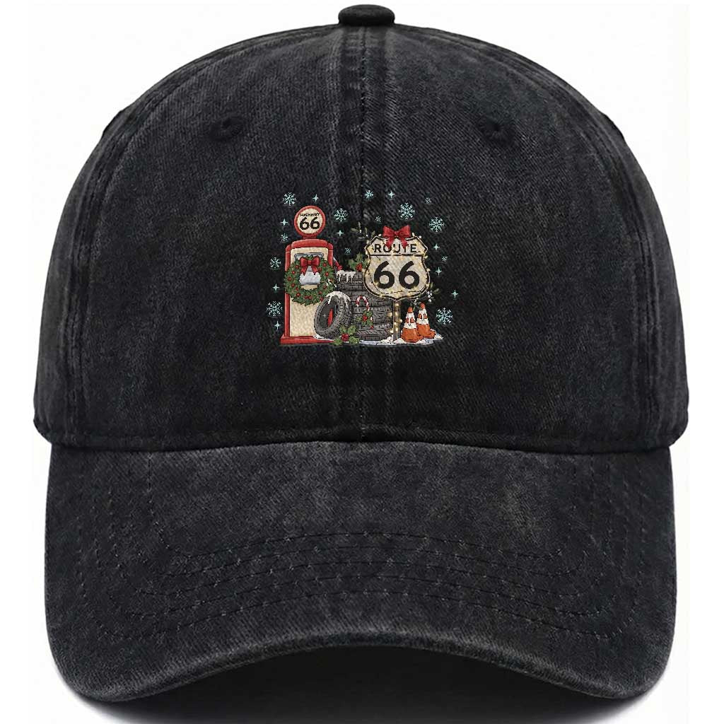 Route Highway 66 Christmas Gas Pump Washed Cotton Baseball Cap Mother Road Holiday Road Trip Travel