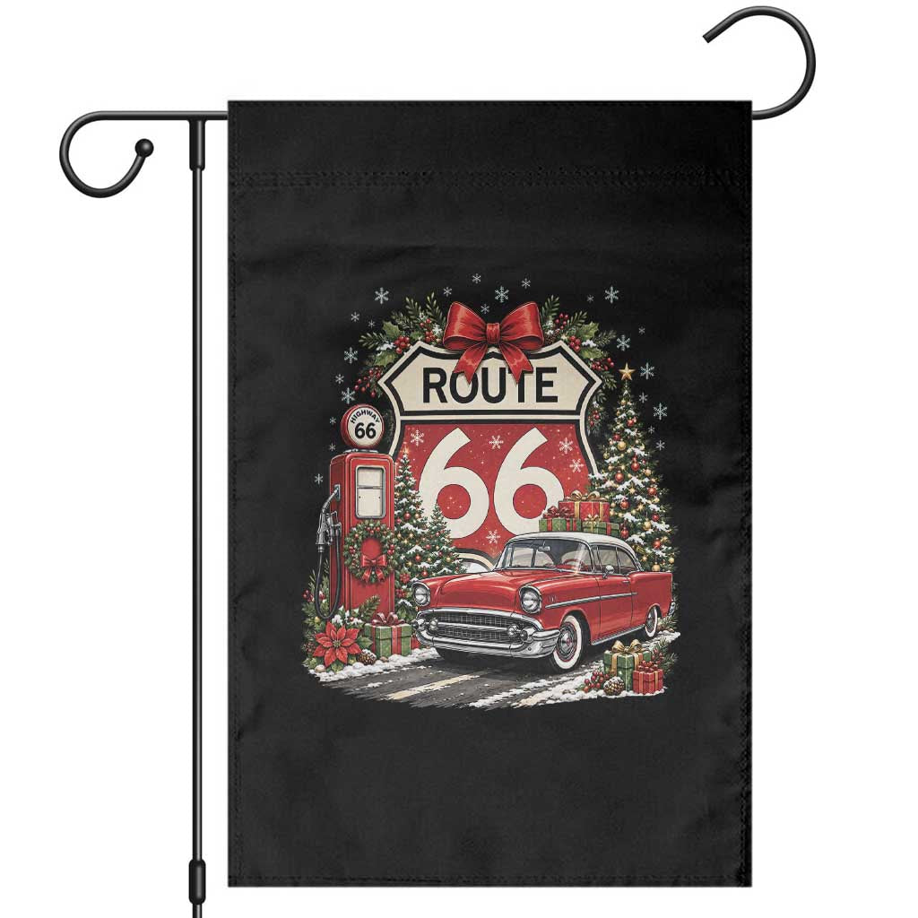 Route Highway 66 Christmas Classic Car Garden Flag Cozy Gas Pump Road Trip Holiday