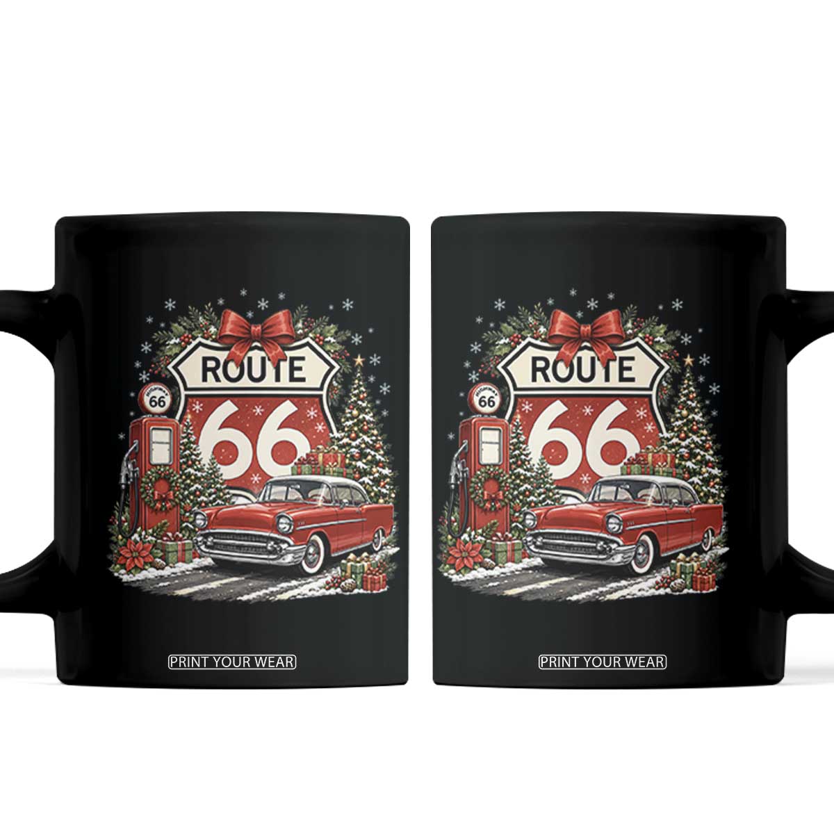 Route Highway 66 Christmas Classic Car Coffee Mug Cozy Gas Pump Road Trip Holiday
