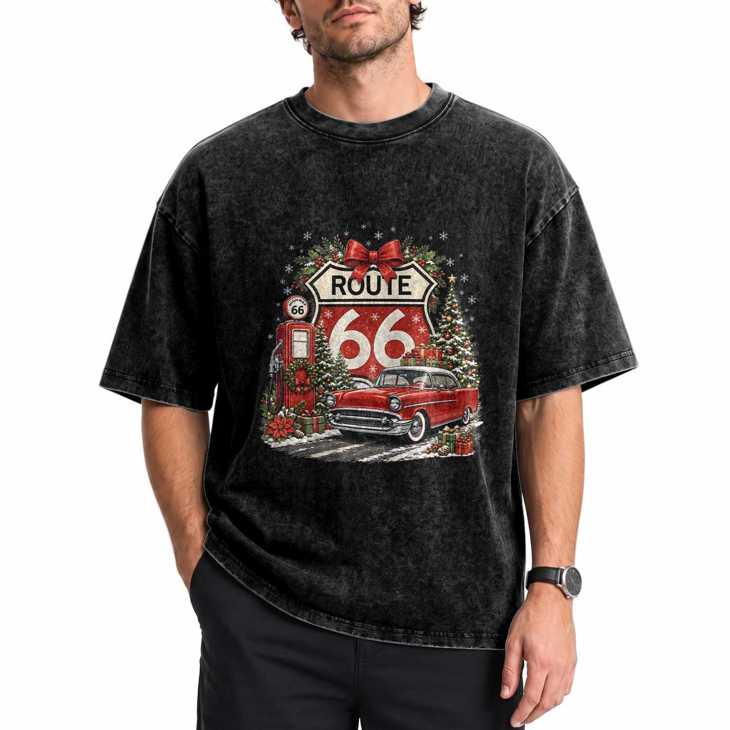 Route Highway 66 Christmas Classic Car Washed Cotton T-Shirt Cozy Gas Pump Road Trip Holiday