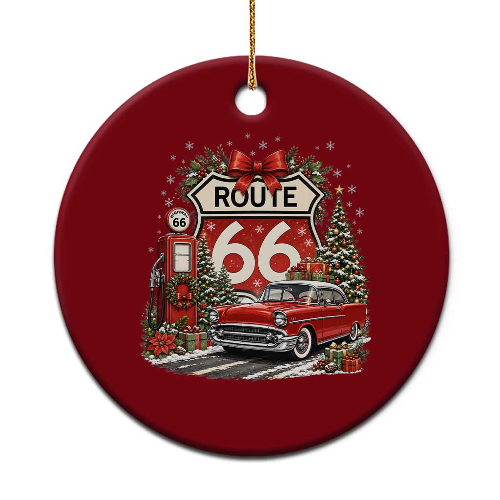Route Highway 66 Christmas Classic Car Ceramic Ornament Cozy Gas Pump Road Trip Holiday