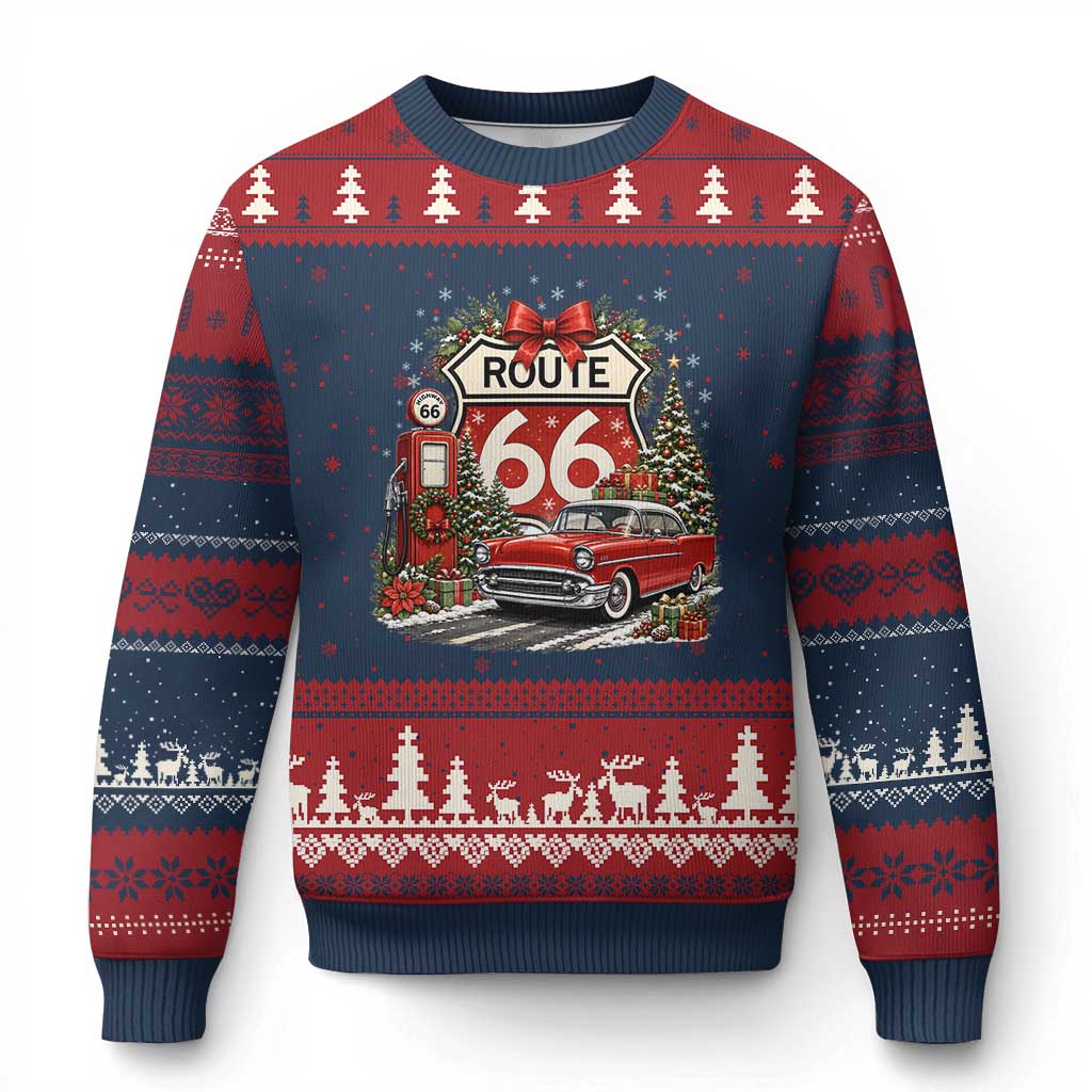 Route Highway 66 Christmas Classic Car Ugly Christmas Sweater Cozy Gas Pump Road Trip Holiday
