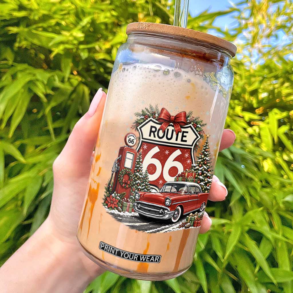 Route Highway 66 Christmas Classic Car Glass Can Cozy Gas Pump Road Trip Holiday