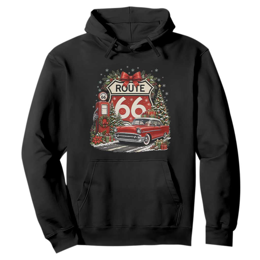 Route Highway 66 Christmas Classic Car Hoodie Cozy Gas Pump Road Trip Holiday