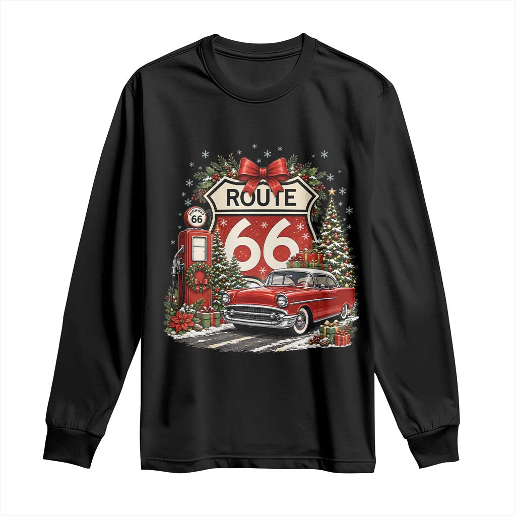 Route Highway 66 Christmas Classic Car Long Sleeve Shirt Cozy Gas Pump Road Trip Holiday