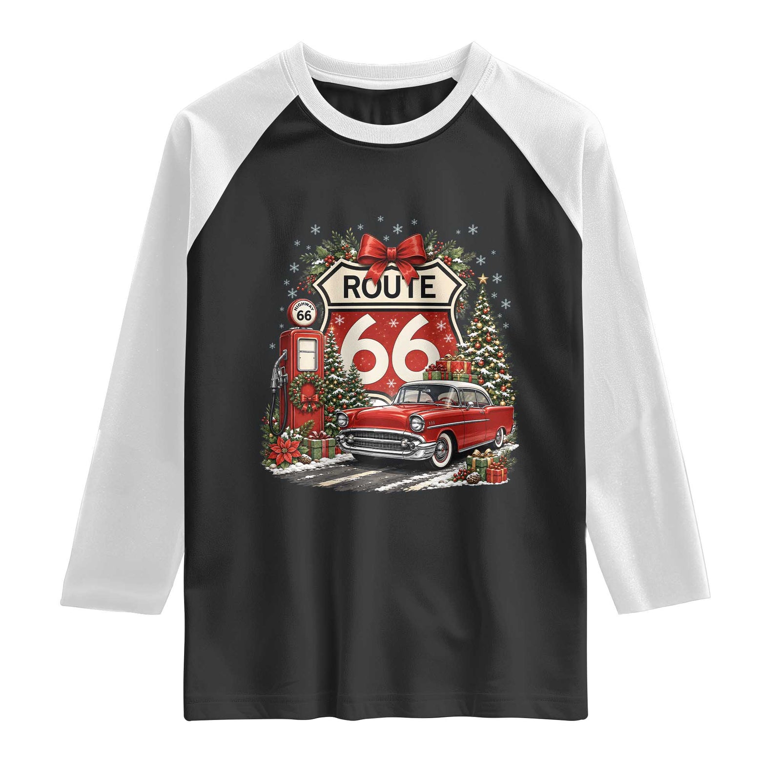 Route Highway 66 Christmas Classic Car Raglan Shirt Cozy Gas Pump Road Trip Holiday