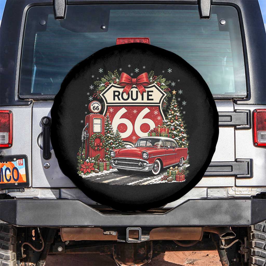 Route Highway 66 Christmas Classic Car Spare Tire Cover Cozy Gas Pump Road Trip Holiday