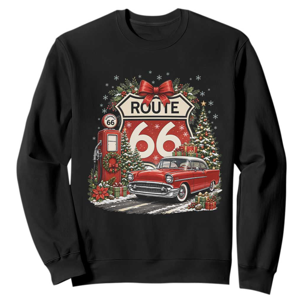 Route Highway 66 Christmas Classic Car Sweatshirt Cozy Gas Pump Road Trip Holiday
