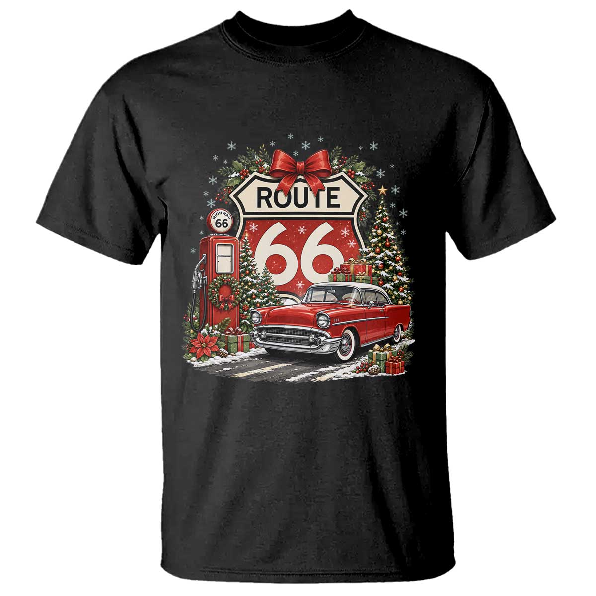 Route Highway 66 Christmas Classic Car T Shirt Cozy Gas Pump Road Trip Holiday