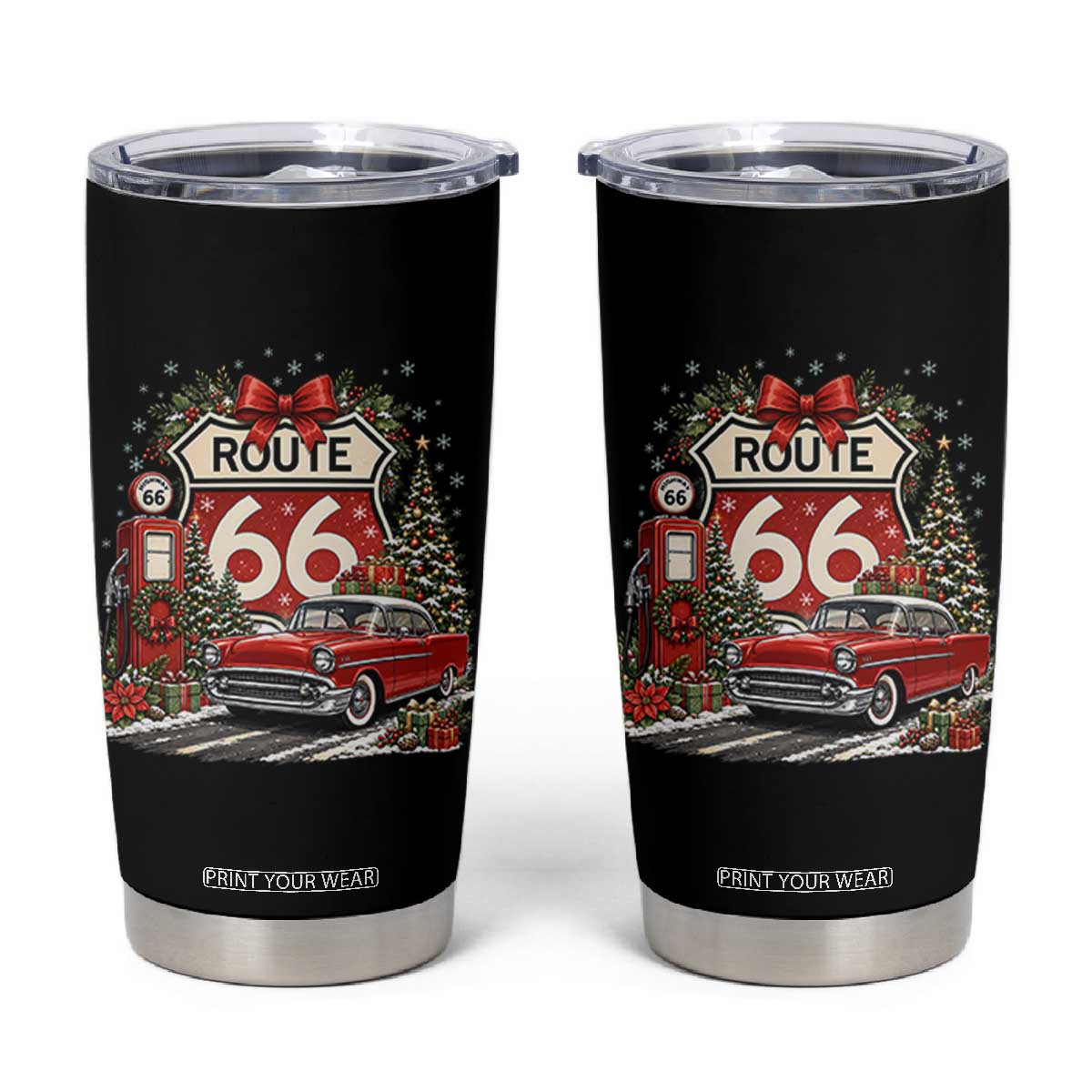 Route Highway 66 Christmas Classic Car Tumbler Cup Cozy Gas Pump Road Trip Holiday
