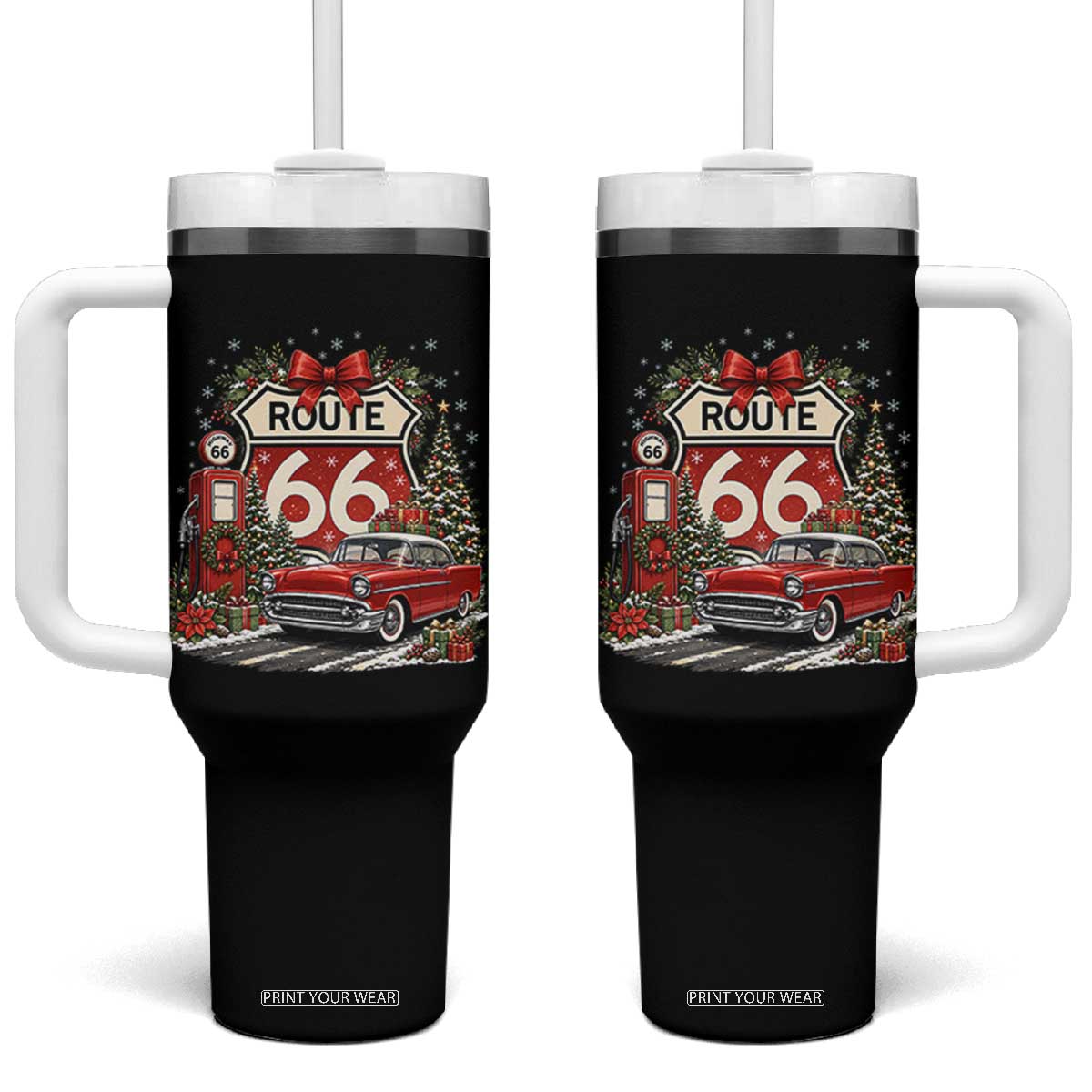Route Highway 66 Christmas Classic Car Tumbler With Handle Cozy Gas Pump Road Trip Holiday