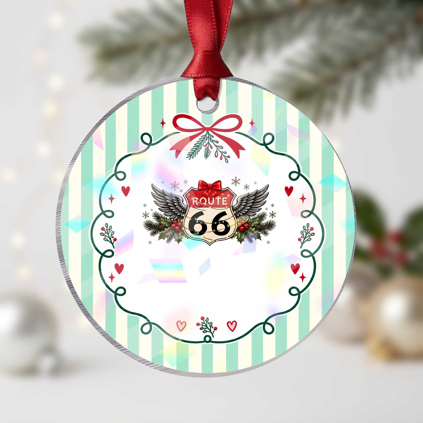 Vintage Route Highway 66 Christmas Shield Holographic Acrylic Ornament Mother Road Holiday Road Trip Travel