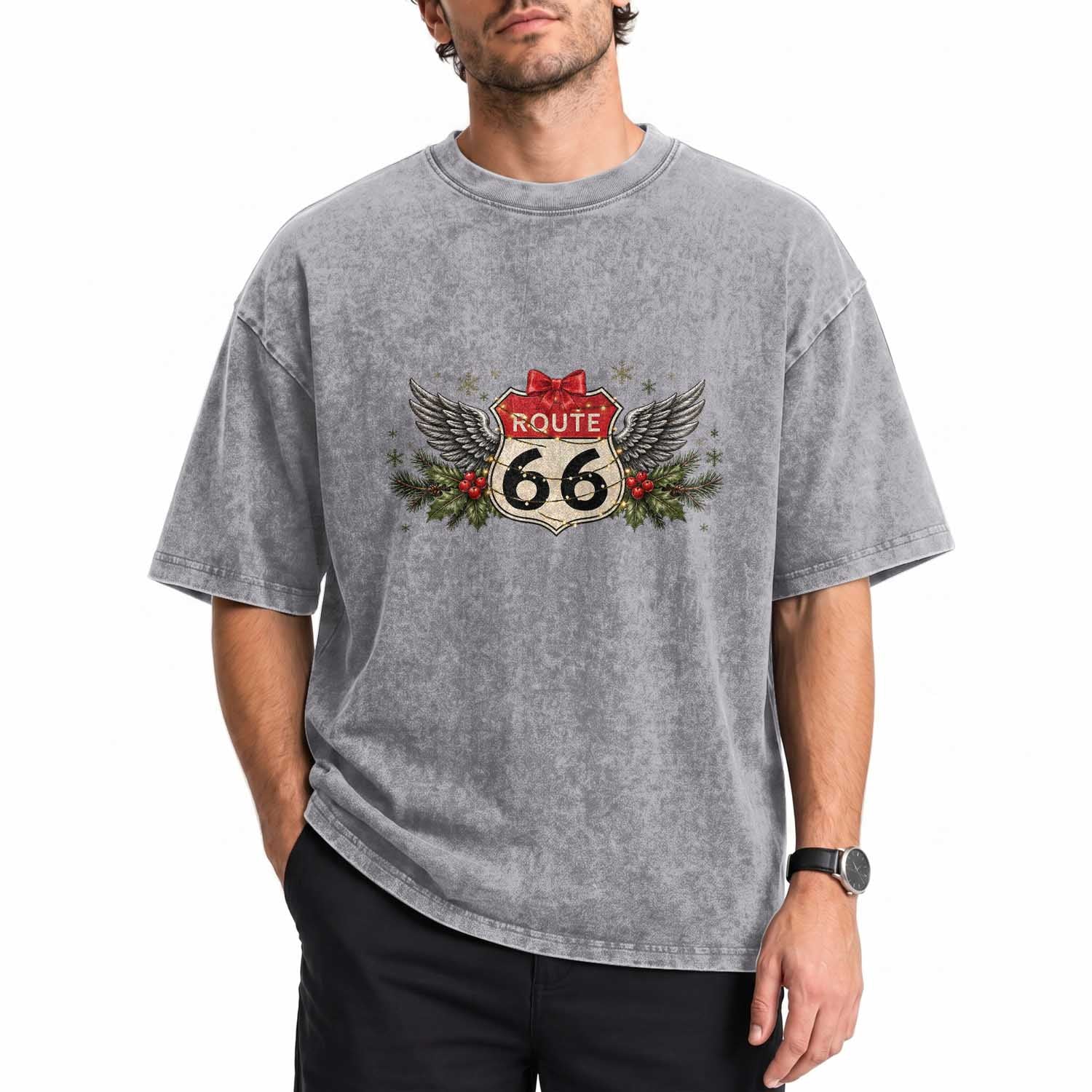 Vintage Route Highway 66 Christmas Shield Washed Cotton T-Shirt Mother Road Holiday Road Trip Travel
