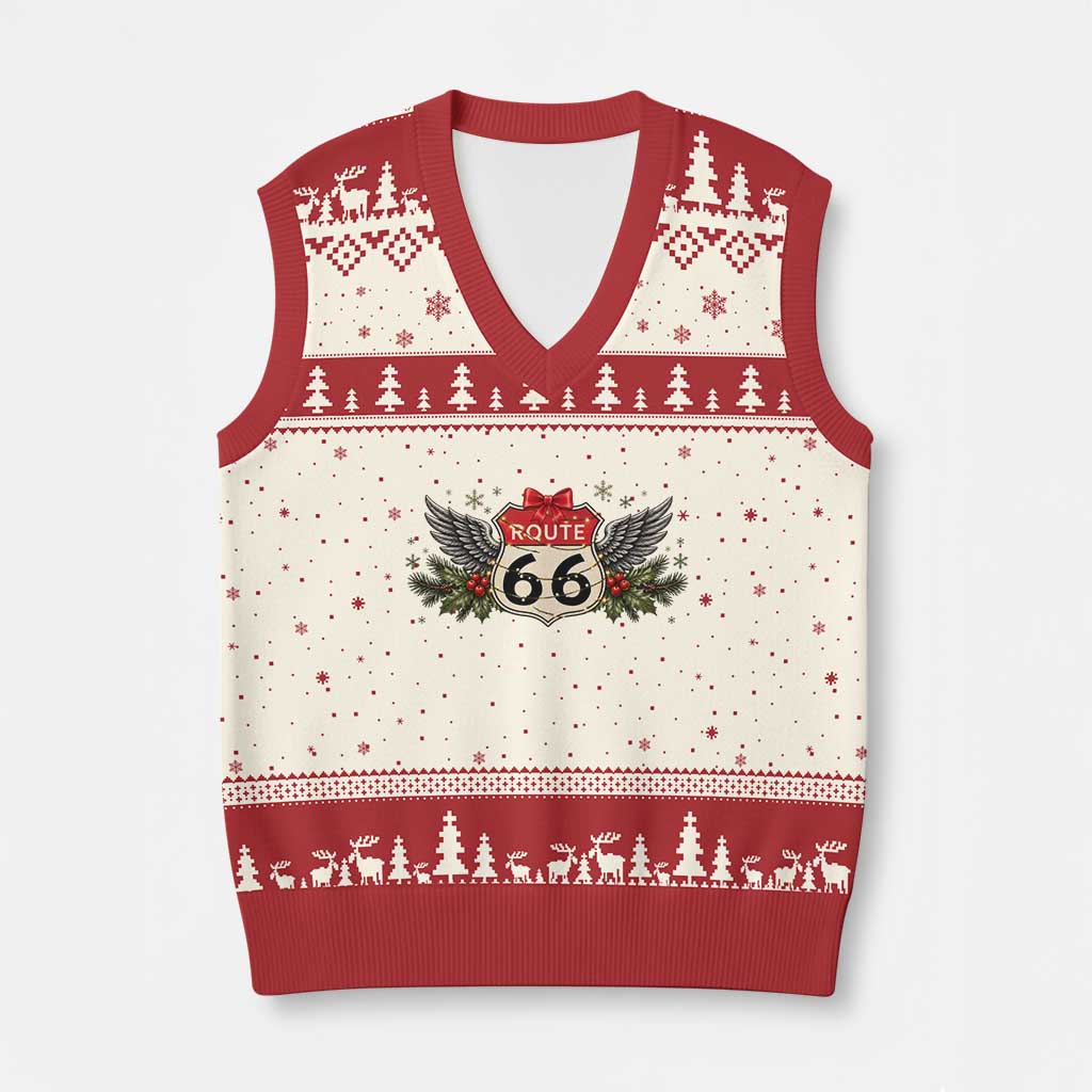 Vintage Route Highway 66 Christmas Shield V-Neck Knit Sweater Vest Mother Road Holiday Road Trip Travel