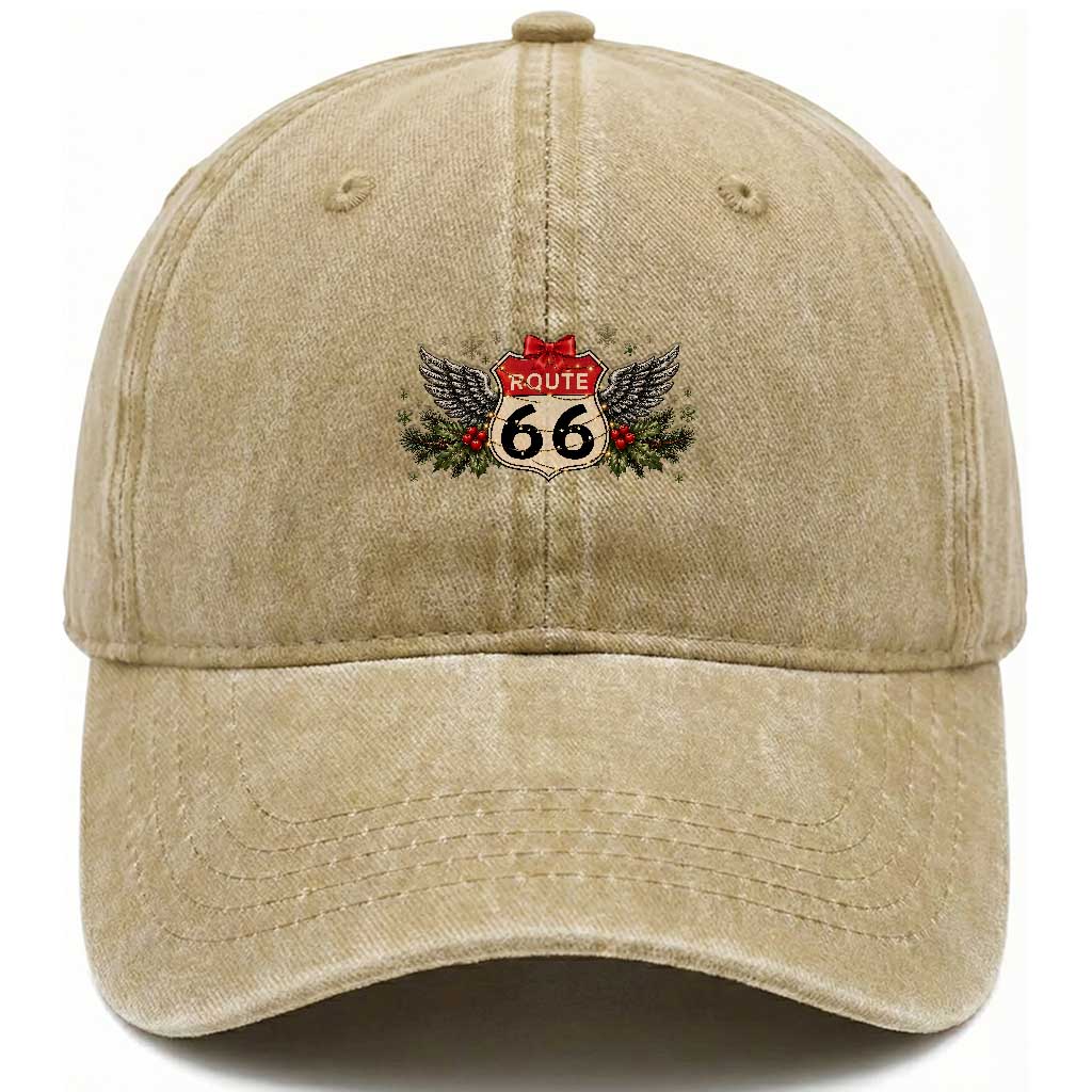 Vintage Route Highway 66 Christmas Shield Washed Cotton Baseball Cap Mother Road Holiday Road Trip Travel