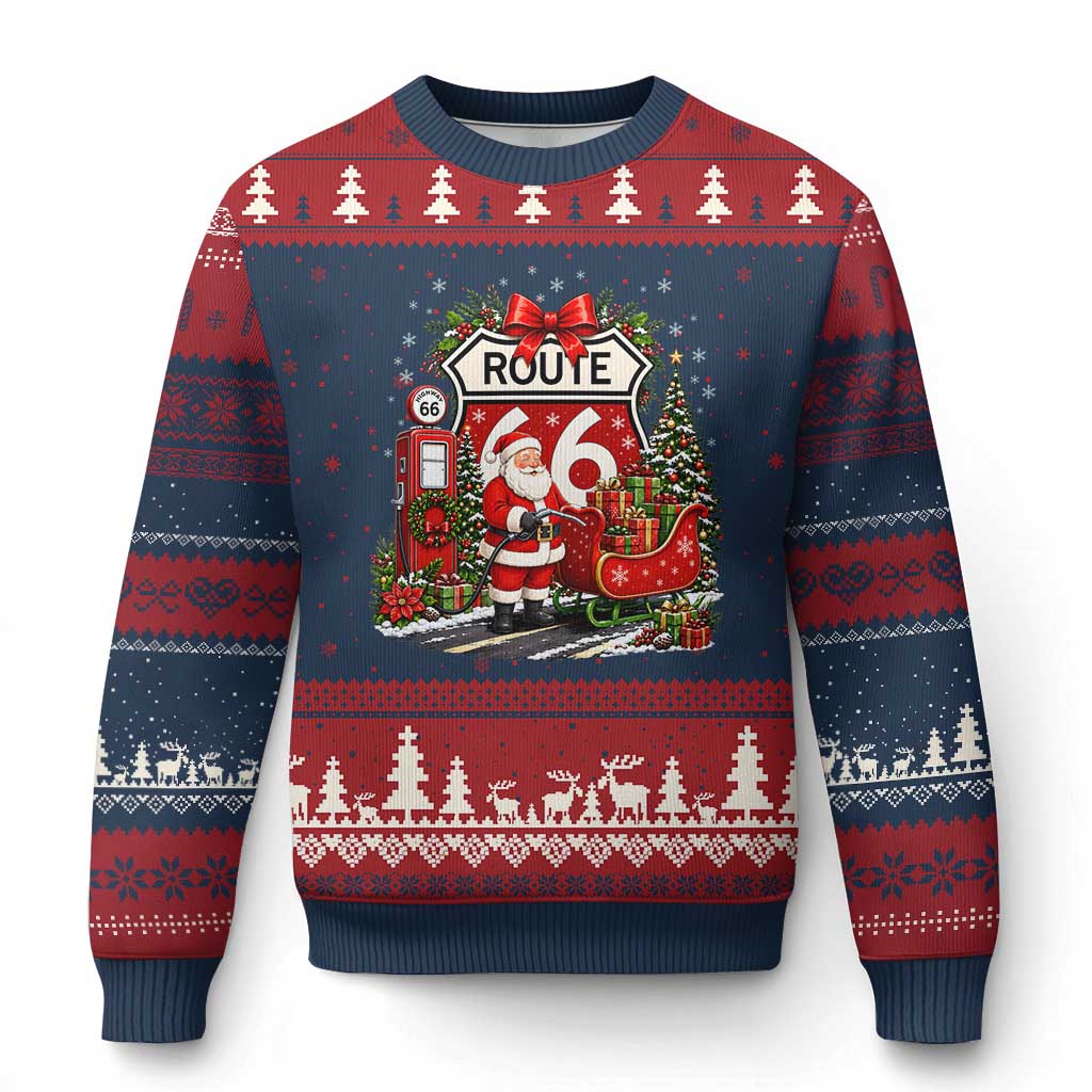 Route Highway 66 Santa Claus Gas Pump Sleigh Ugly Christmas Sweater Funny Christmas Holiday Travel