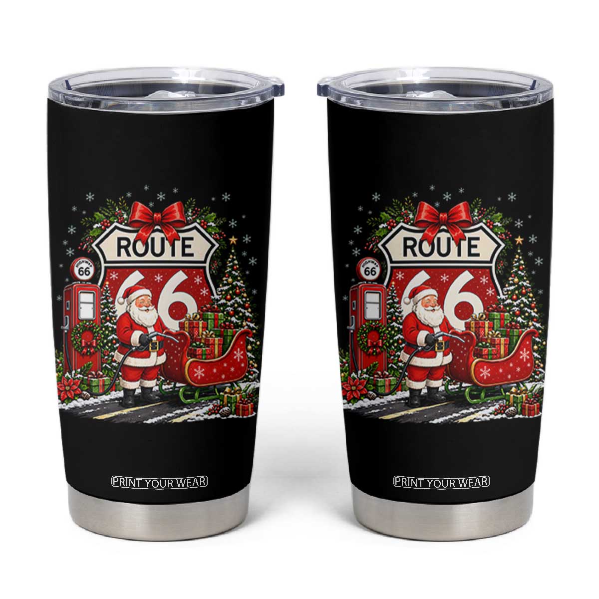 Route Highway 66 Santa Claus Gas Pump Sleigh Tumbler Cup Funny Christmas Holiday Travel