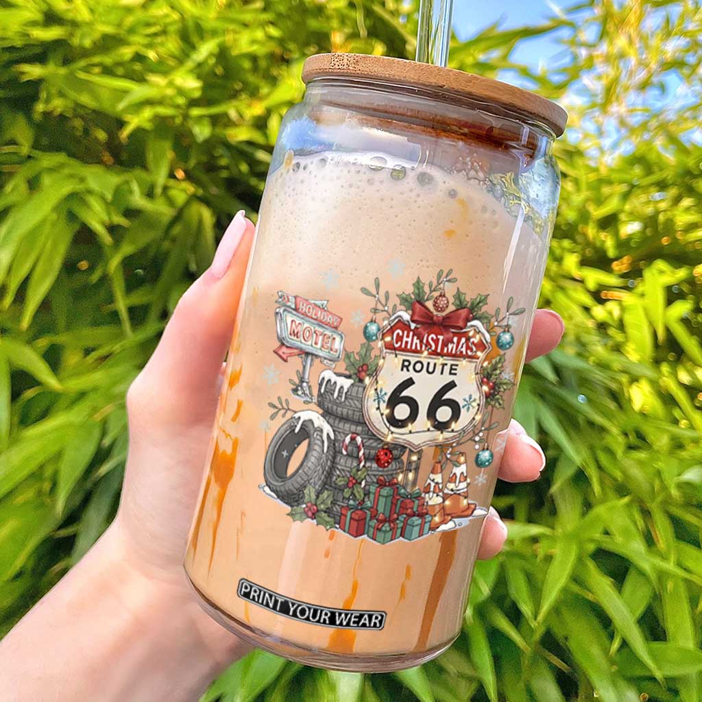 Route Highway 66 Holiday Christmas Motel Glass Can Cozy Vintage Road Trip Travel