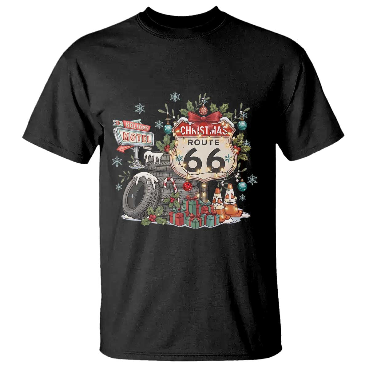 Route Highway 66 Holiday Christmas Motel T Shirt Cozy Vintage Road Trip Travel