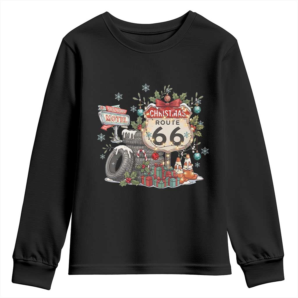 Route Highway 66 Holiday Christmas Motel Youth Sweatshirt Cozy Vintage Road Trip Travel