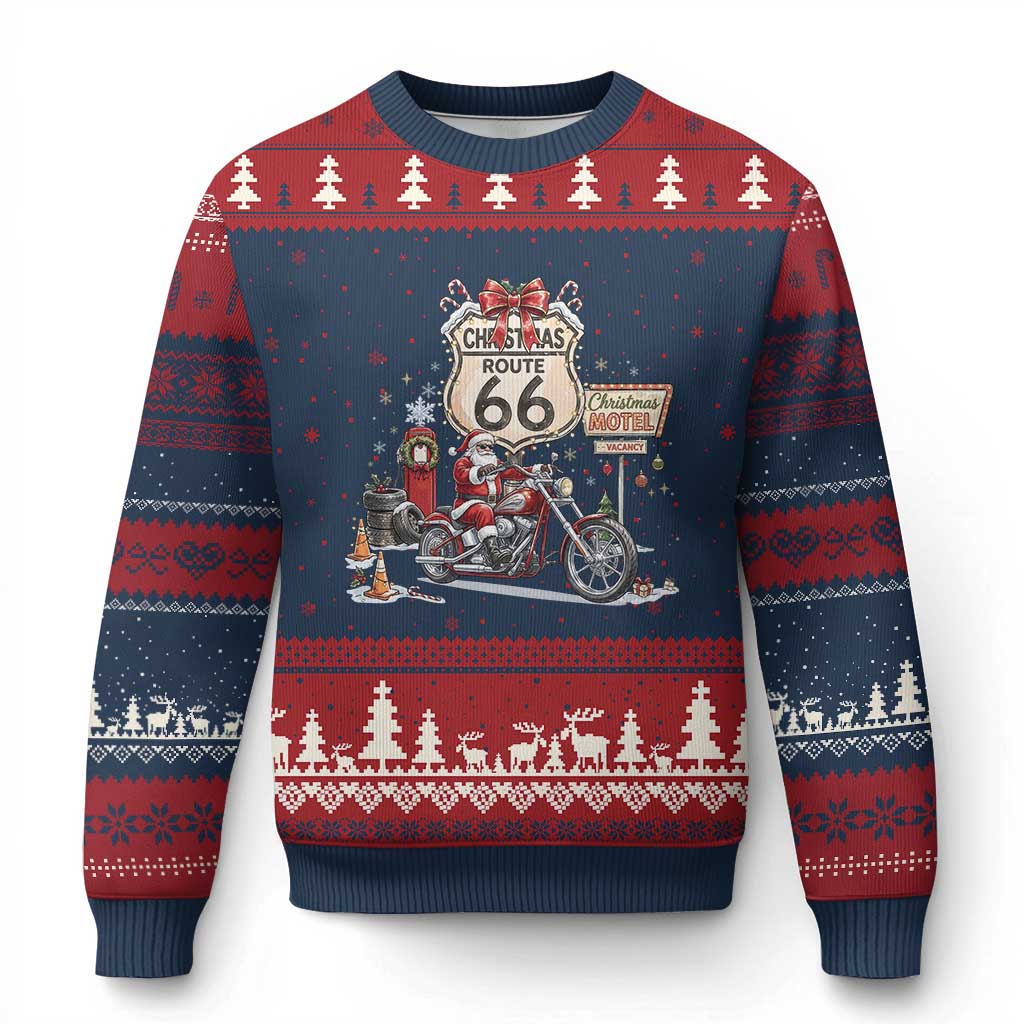 Funny Biker Santa Christmas Route Highway 66 Motorcycle Ugly Christmas Sweater Xmas Rider Holiday Road Trip