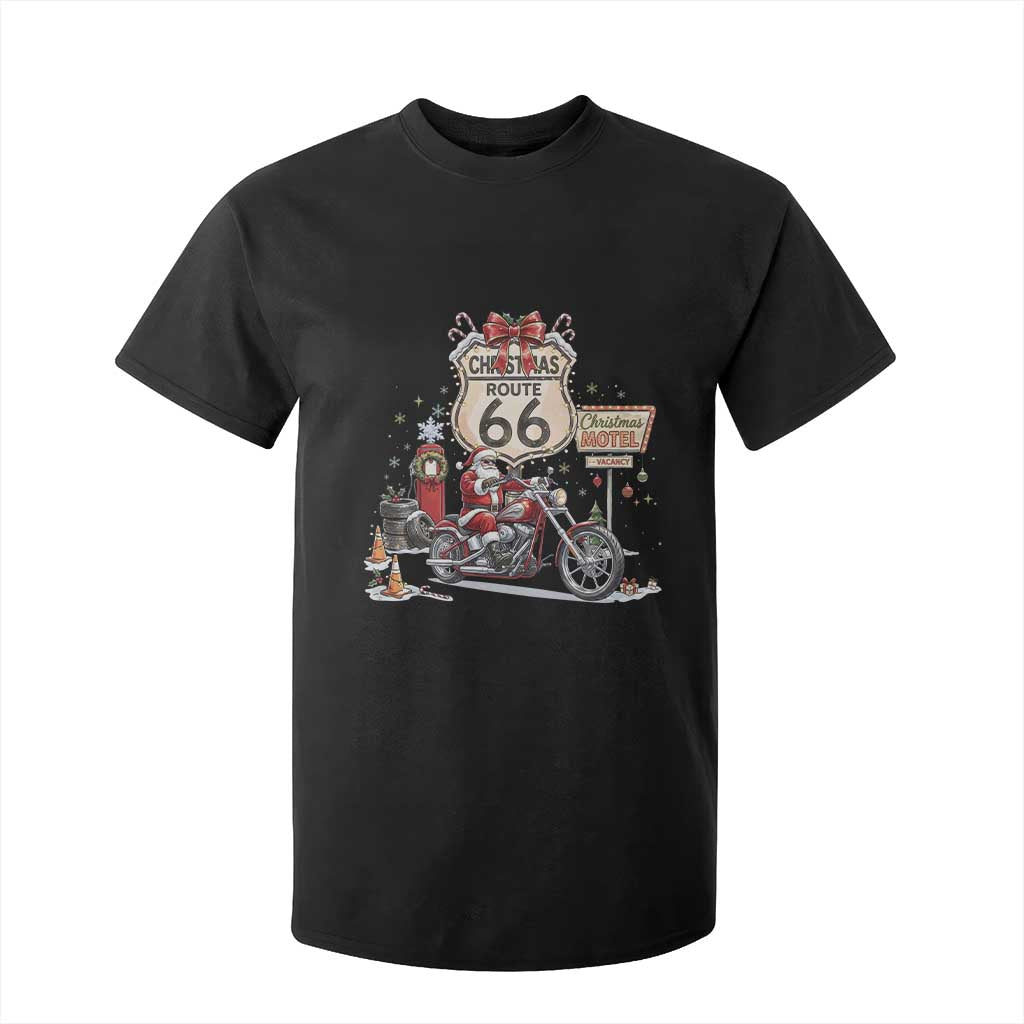 Funny Biker Santa Christmas Route Highway 66 Motorcycle T Shirt For Kid Xmas Rider Holiday Road Trip