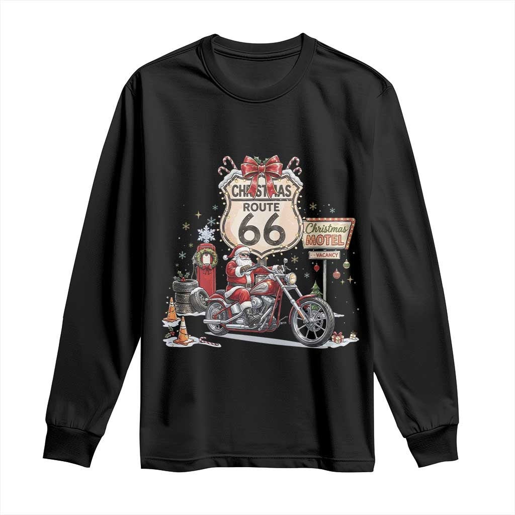 Funny Biker Santa Christmas Route Highway 66 Motorcycle Long Sleeve Shirt Xmas Rider Holiday Road Trip