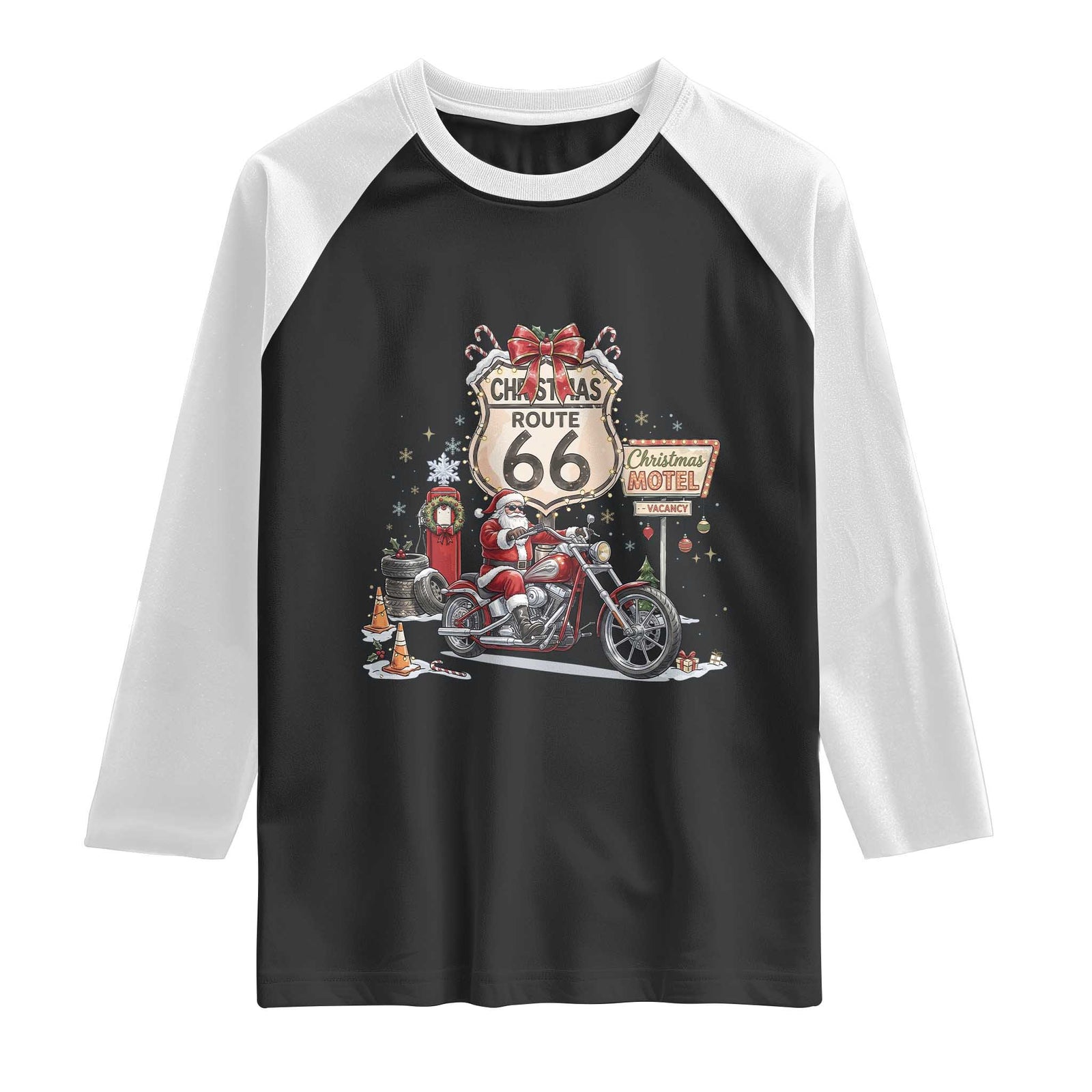 Funny Biker Santa Christmas Route Highway 66 Motorcycle Raglan Shirt Xmas Rider Holiday Road Trip