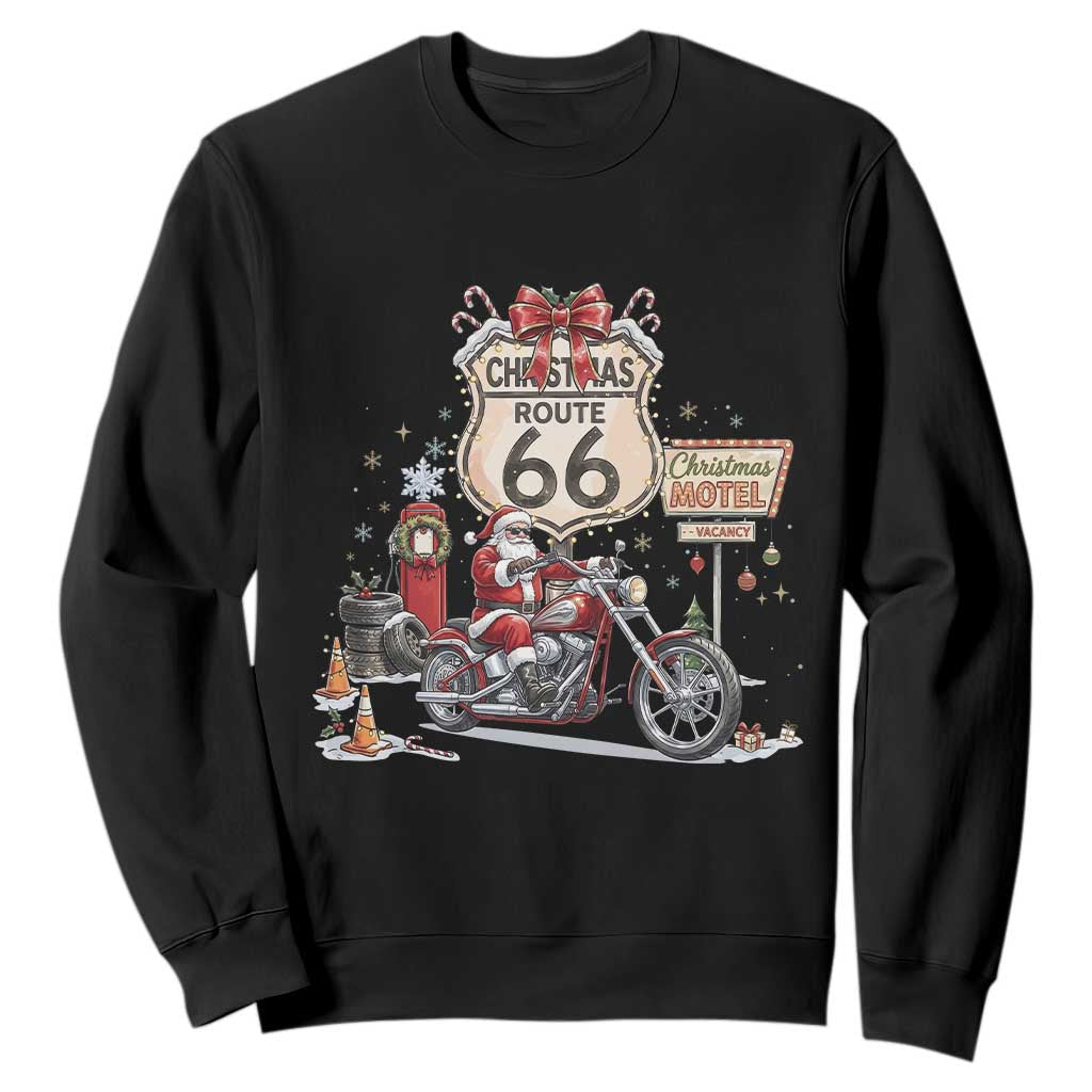 Funny Biker Santa Christmas Route Highway 66 Motorcycle Sweatshirt Xmas Rider Holiday Road Trip