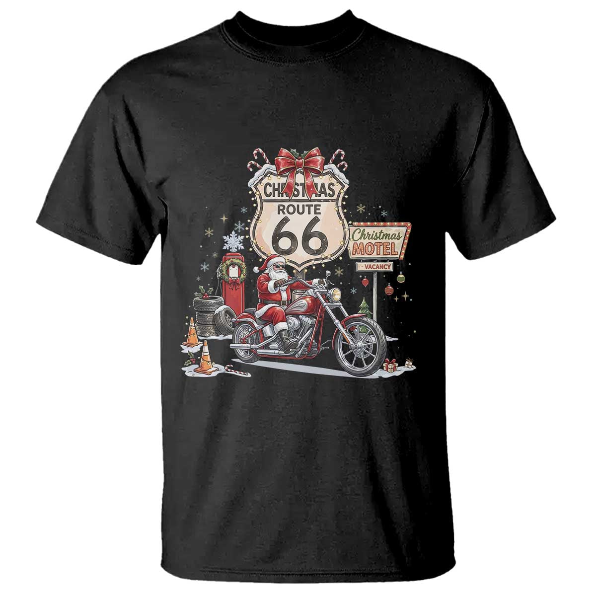 Funny Biker Santa Christmas Route Highway 66 Motorcycle T Shirt Xmas Rider Holiday Road Trip