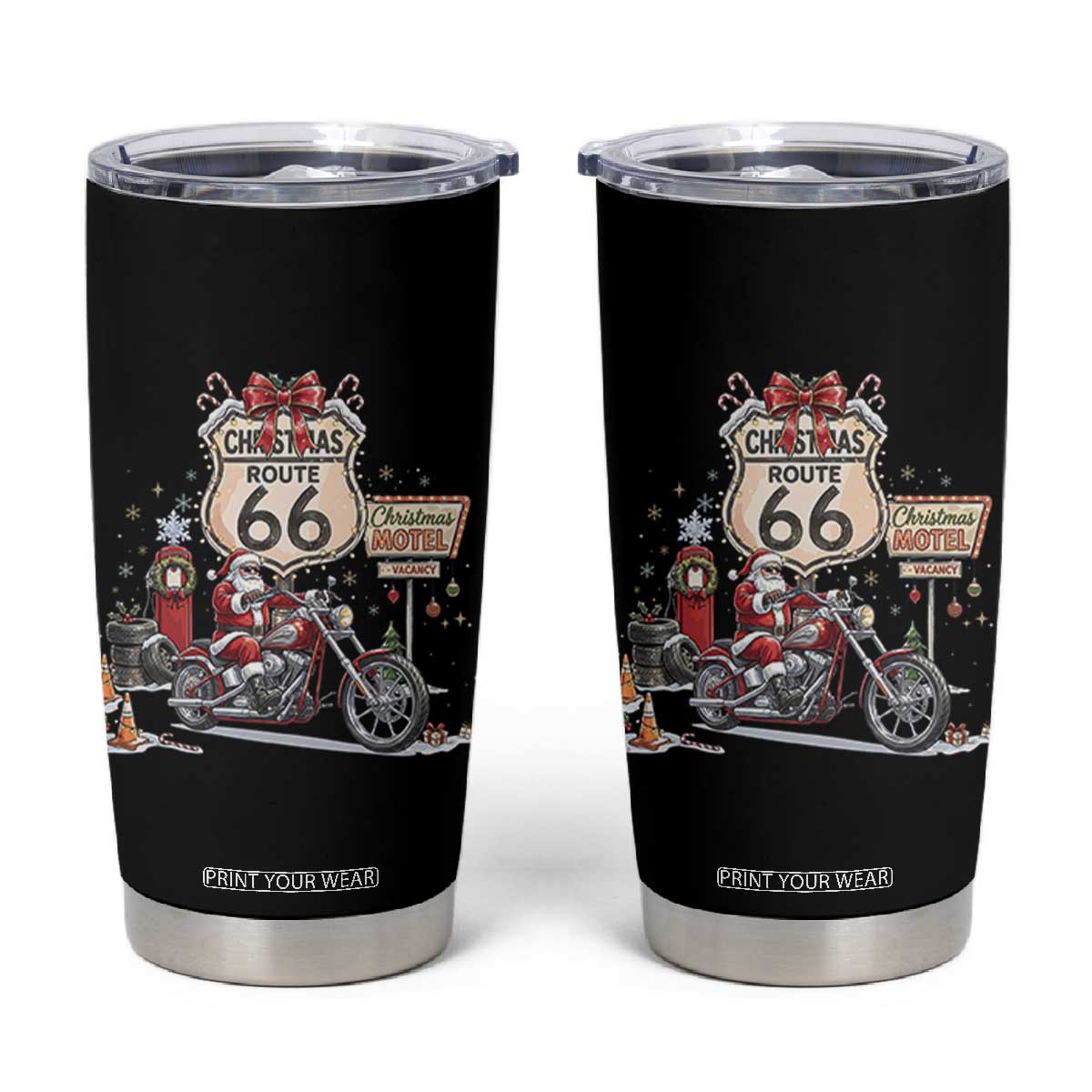 Funny Biker Santa Christmas Route Highway 66 Motorcycle Tumbler Cup Xmas Rider Holiday Road Trip