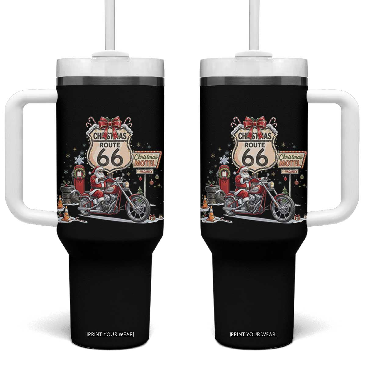 Funny Biker Santa Christmas Route Highway 66 Motorcycle Tumbler With Handle Xmas Rider Holiday Road Trip