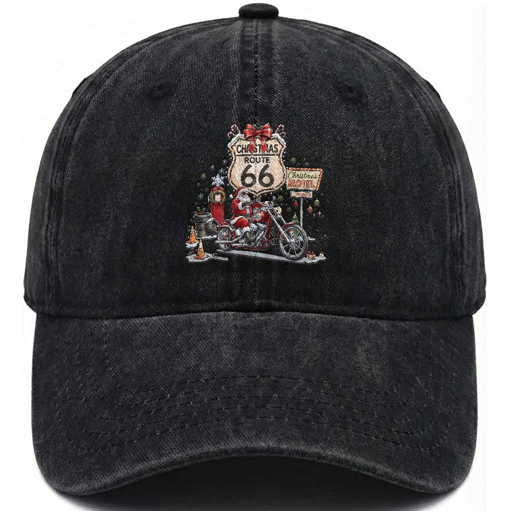 Funny Biker Santa Christmas Route Highway 66 Motorcycle Washed Cotton Baseball Cap Xmas Rider Holiday Road Trip