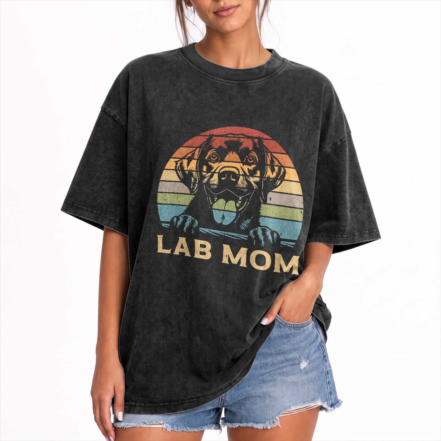 Lab Mom Washed Cotton T-Shirt Retro Sunset Dog Mom Gift