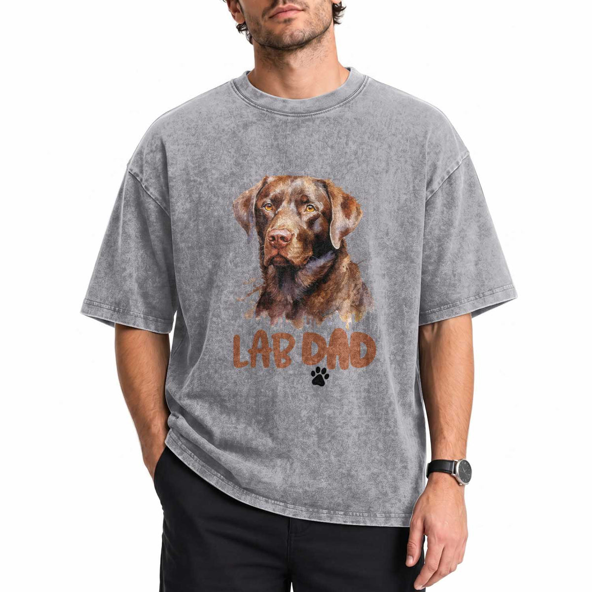 Chocolate Labrador Retriever Dad Washed Cotton T-Shirt Dog Lover Gift