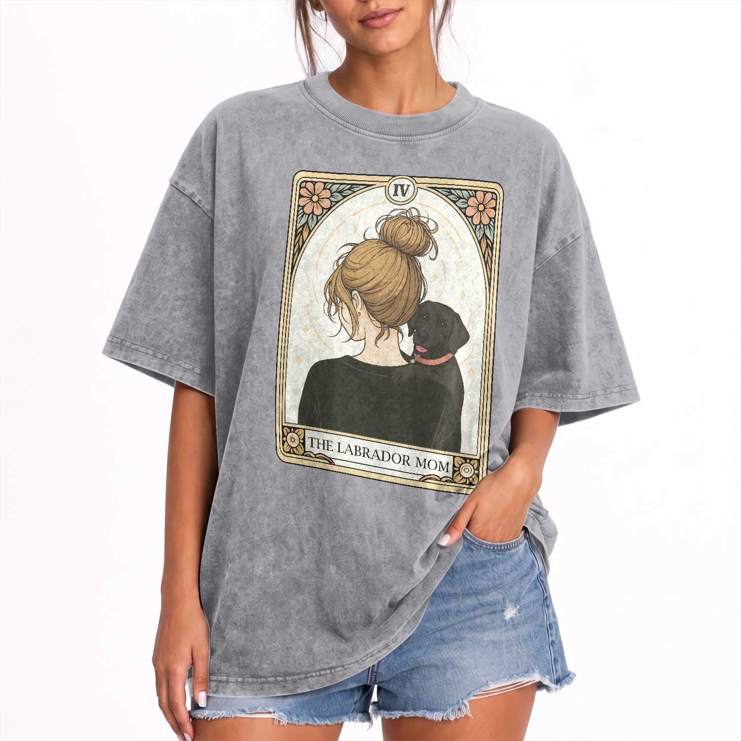 Black Labrador Mom Washed Cotton T-Shirt Funny Tarot Card Dog Lover Gift